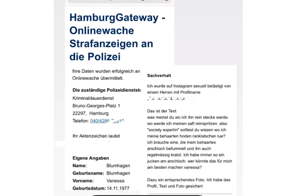 Den Verfasser dieser Nachricht zeigte Vanessa Blumhagen (43) bei der Hamburger Polizei an.
