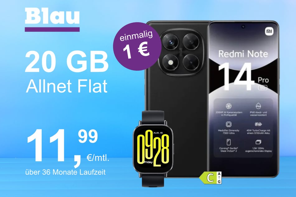 Das Xiaomi Redmi Note 14 Pro + Watch 5 Active im Blau Allnet M für einmalig 1 Euro.