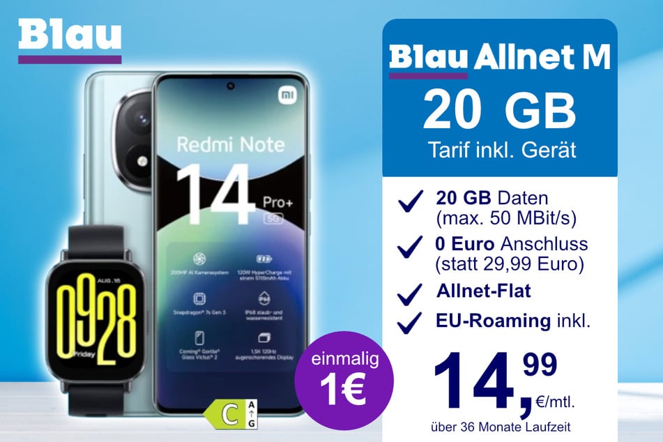 Das Xiaomi Redmi Note 14 Pro Plus + Watch 5 Active im Blau Allnet M für einmalig 1 Euro.
