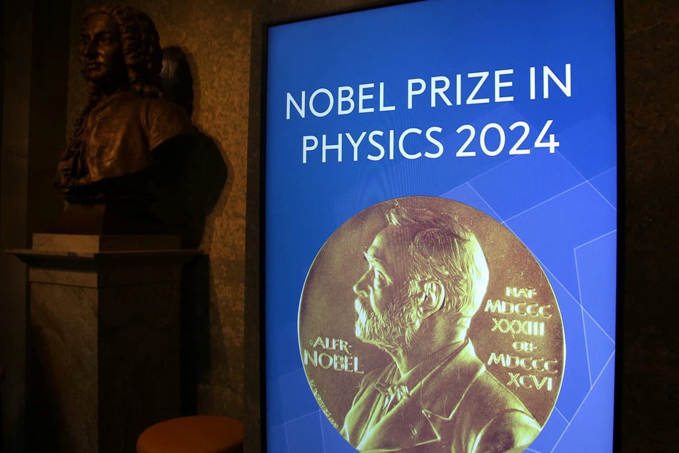 A sign for the Nobel Prize in Physics is on display in the Royal Swedish Academy of Sciences in Stockholm, Sweden.