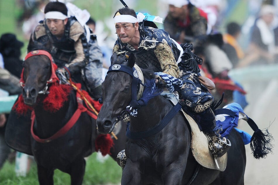 Teilnehmer in Samurai-Rüstung reiten Pferde während des jährlichen "Soma Nomaoi"-Festivals in Minamisoma. In diesem Jahr kollabierten mehrere Pferde und auch Menschen aufgrund der großen Hitze während des Festes. (Archivbild)