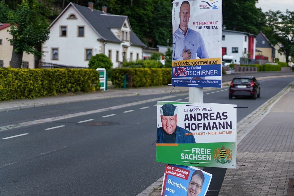 Kandidaten werben auf Plakaten für Wählerstimmen bei der Landratswahl.