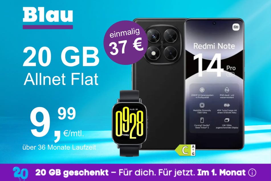 Das Xiaomi Redmi Note 14 Pro + Watch 5 Active im Blau Allnet M für einmalig 37 Euro.