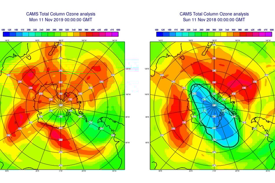 CAMS analysis shows the total amount of ozone (in Dobson units) on November 11, 2019 (left) as compared to the same day in 2018 (right).