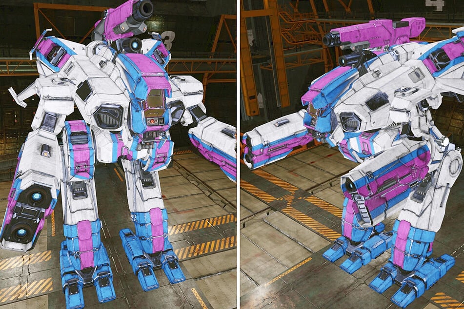 A mech wearing the trans flag colors in MechWarrior Online.