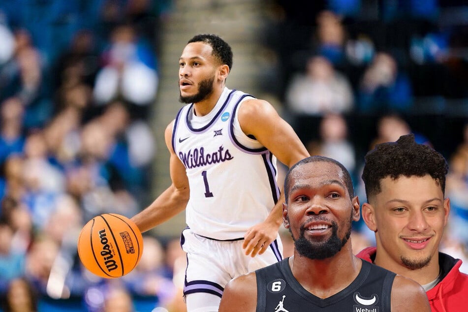 Kansas State's Markquis Nowell (l.) caught the attention of star athletes Kevin Durant (c.), Patrick Mahomes (r.), and more after a historic Sweet 16 performance.