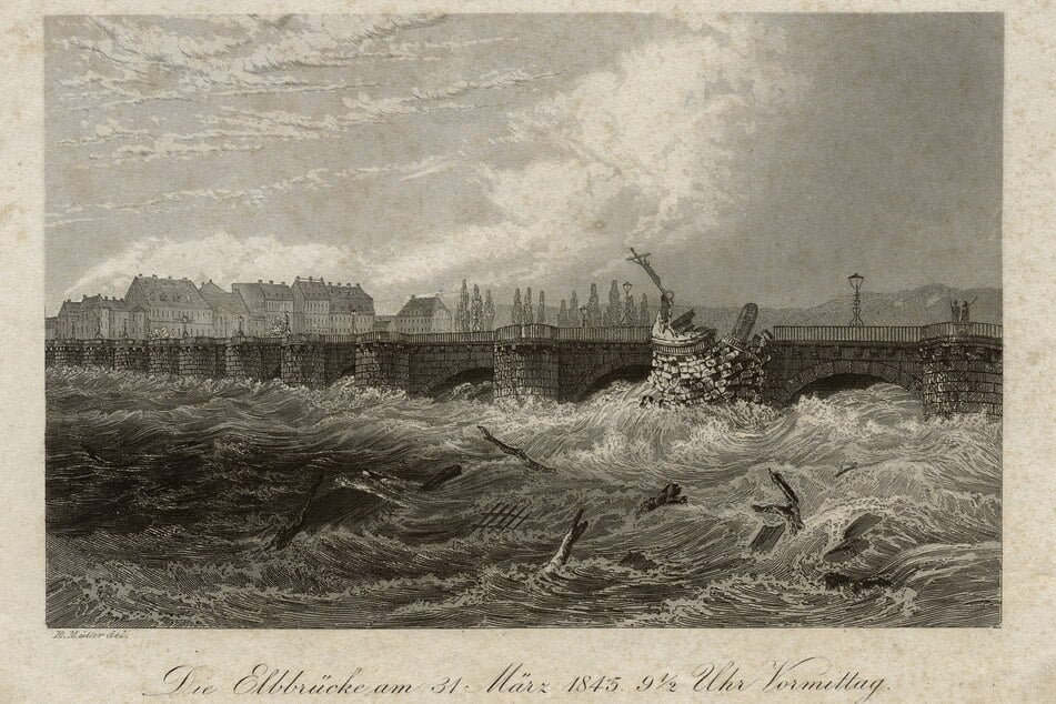 Stahlstich nach E. Müller: Am 31. März 1845 um 9.30 Uhr zerstörte die "Sächsische Sintflut" die Augustusbrücke in Dresden.