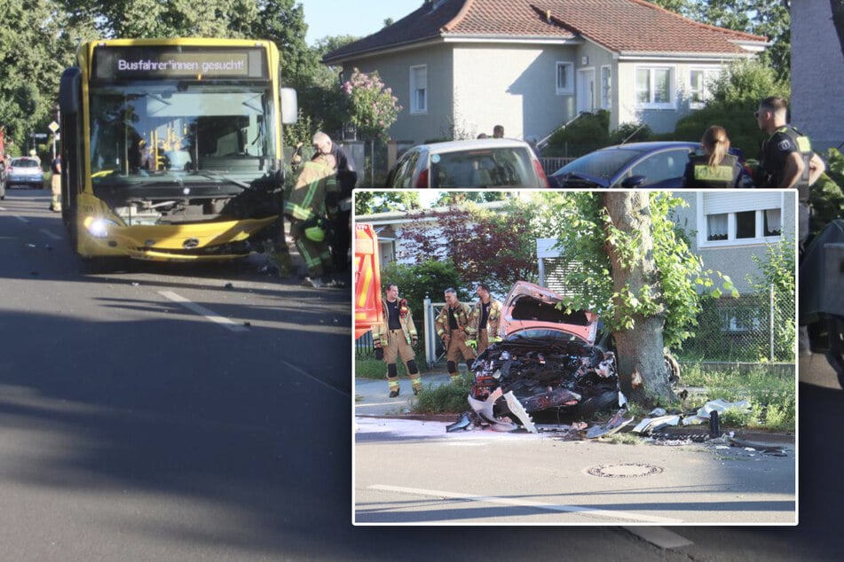 Auto kracht in Bus und hinterlässt 70 Meter langes Trümmerfeld