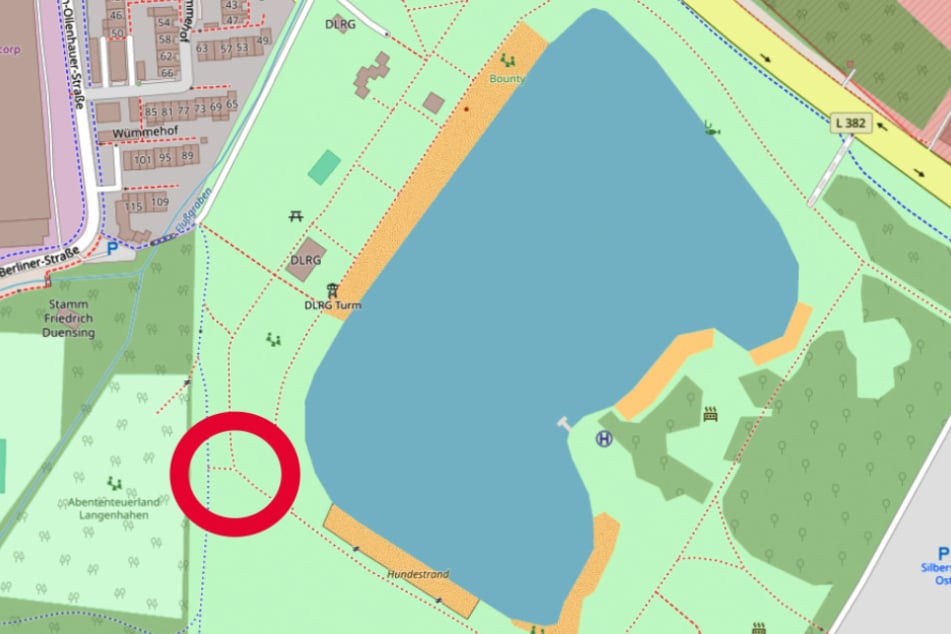 Die Polizei veröffentlichte eine Karte des Silbersees in Langenhagen. Rot eingekreist ist der Fundort der Leiche.