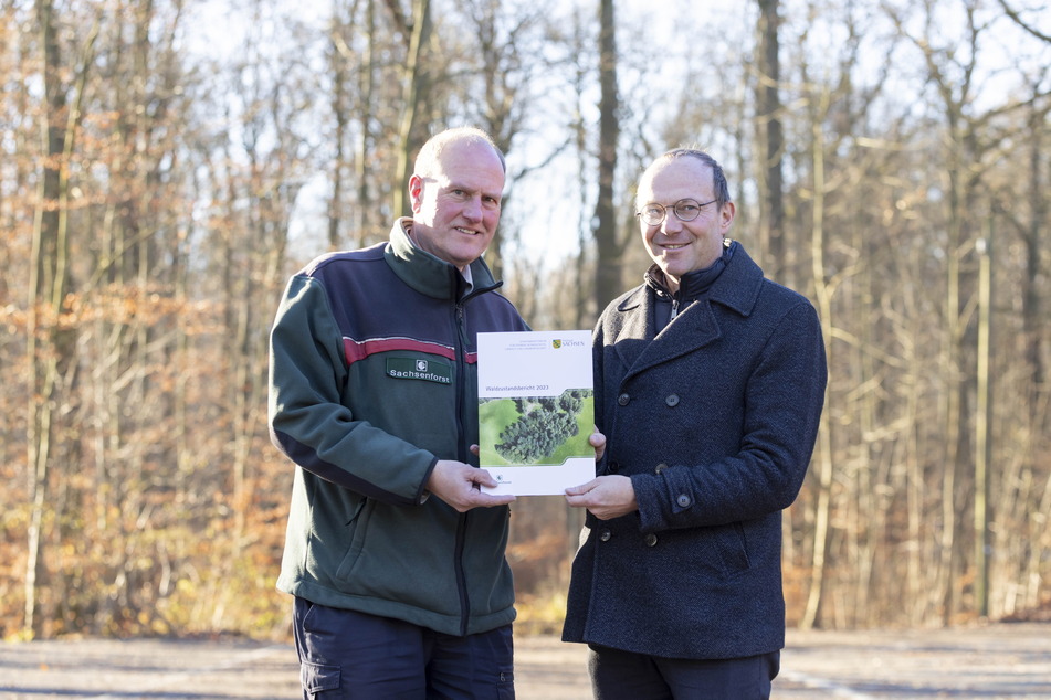 Forstpräsident Utz Hempfling (62, l.) und Forstminister Wolfram Günther (48, Grüne) stellten den neuen Waldzustandsbericht vor.