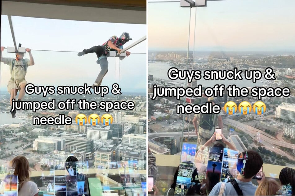 Beim Absprung gefilmt: Zwei Männer kletterten über die Glasfenster der Space Needle und sprangen in die Tiefe.