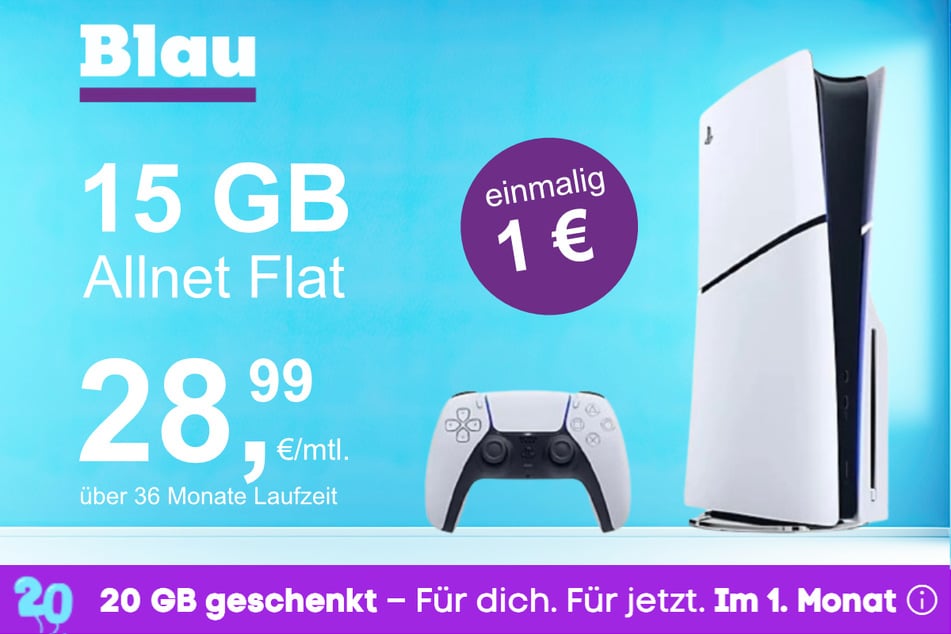 Die PS5 Digital Slim Edition im Blau Allnet M inkl. 15 GB für einmalig nur 1 Euro.