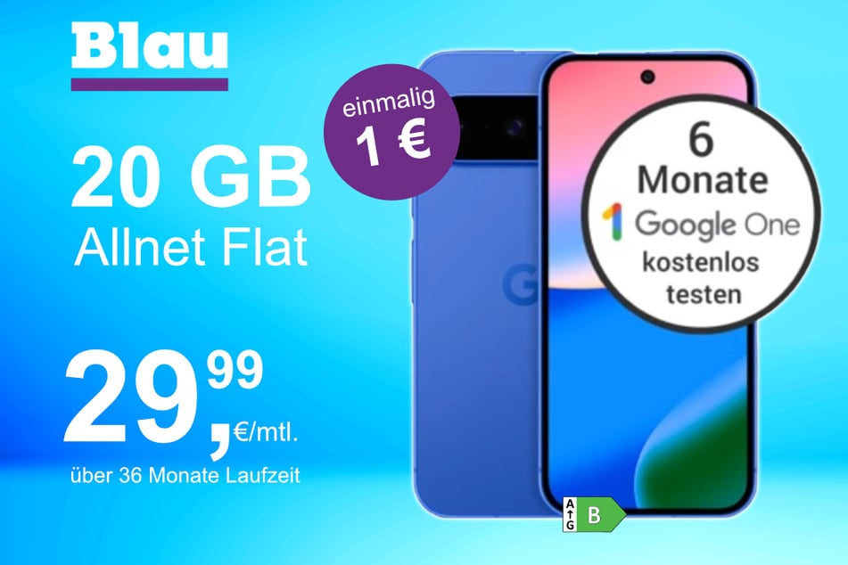 Das Google Pixel 10 im Blau Allnet M für einmalig 1 Euro.