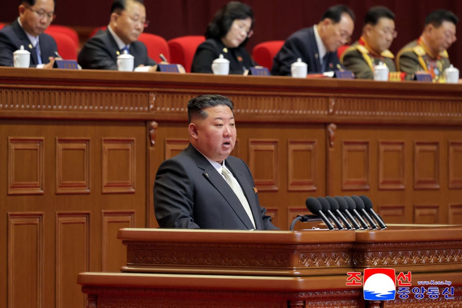 This picture taken on Thursday and released by North Korea's official Korean Central News Agency (KCNA) on Friday shows North Korean leader Kim Jong Un delivering the opening address at the Ninth Congress of the Workers' Party of Korea in Pyongyang.