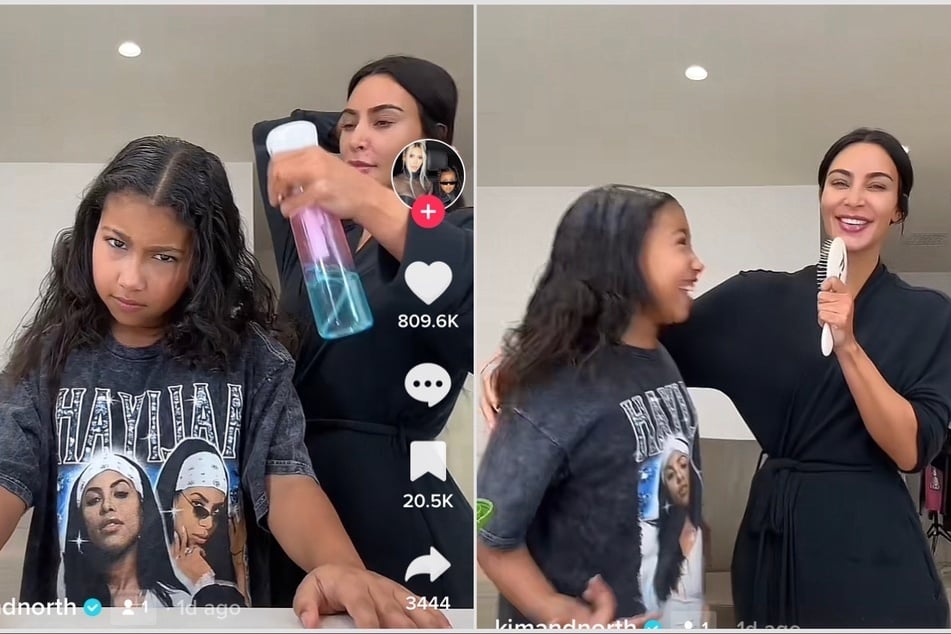 Kim Kardashian (r.) breaks down how she does her daughter North West's hair in the pair's latest TikTok clip.