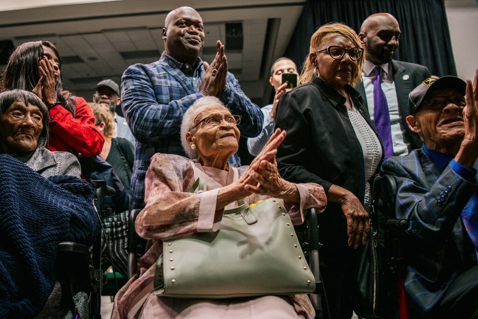 (From l. to r., bottom row): Tulsa Race Massacre survivors Lessie Benningfield Randle, Viola Fletcher, and Hughes Van Ellis.