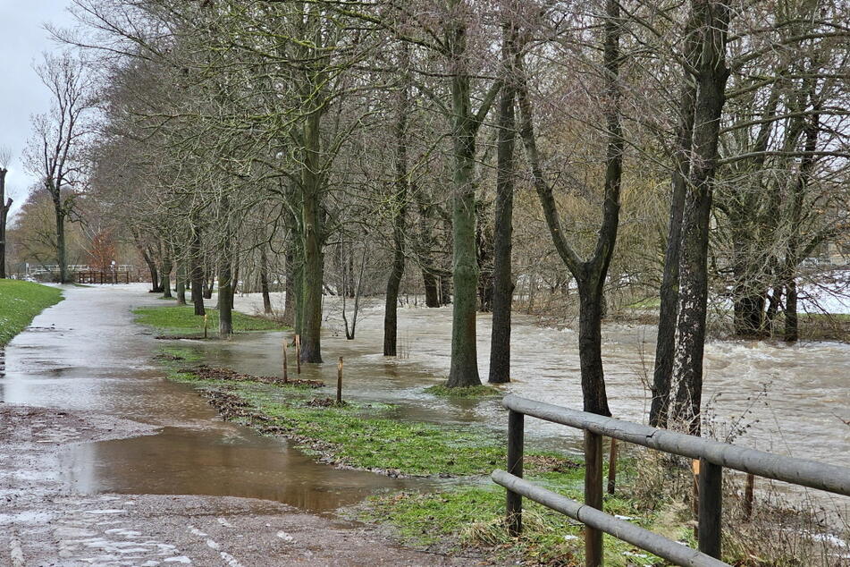 Die Würschnitz am Wasserschloß Klaffenbach ist über die Ufer getreten und überflutet das Gelände.