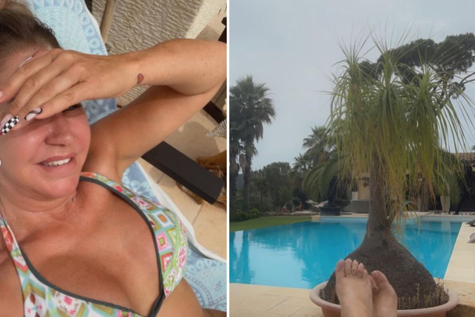 Carmen Geiss lässt am Pool des Familienanwesens in Saint-Tropez die Seele baumeln. (Fotomontage)