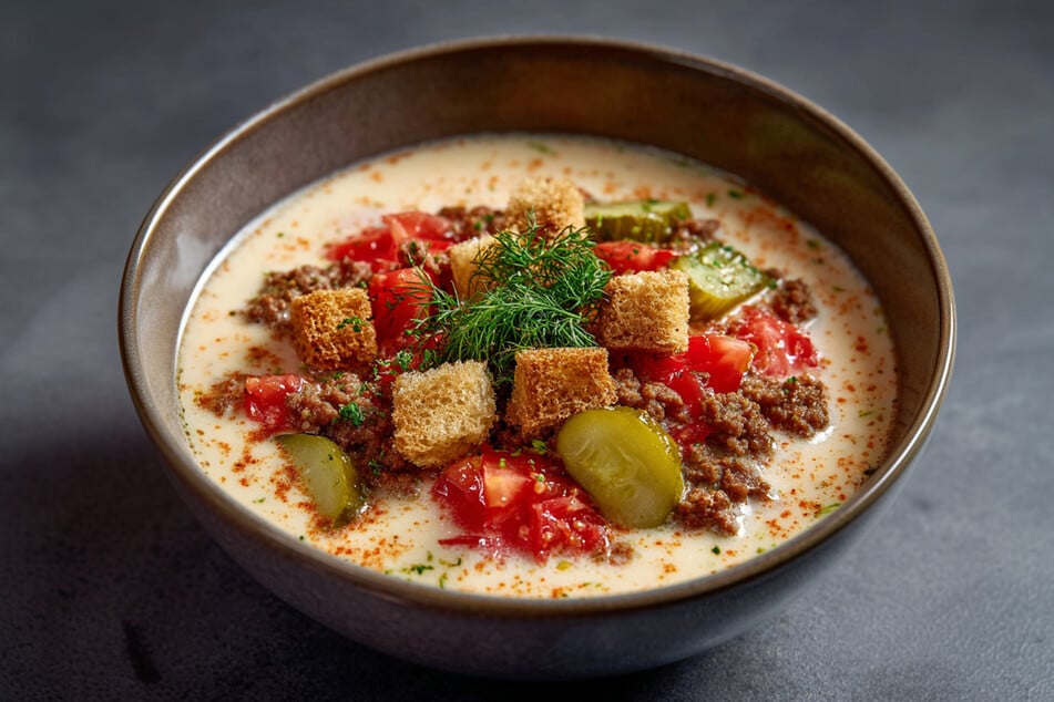 Frischer Dill und Croûtons runden die Cheeseburger Suppe perfekt ab.