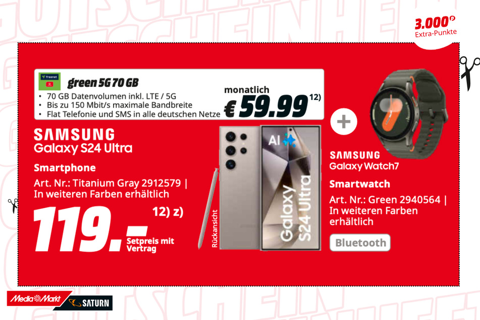 Samsung Galaxy S24 Ultra PLUS Galaxy Watch7 im Set für 119 Euro.