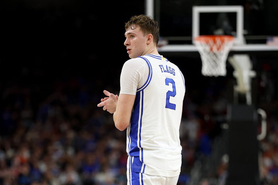 Cooper Flagg of the Duke Blue Devils reacts against the Houston Cougars during the Final Four game of the NCAA Men's Basketball Tournament at the Alamodome in San Antonio, Texas, on April 5, 2025.