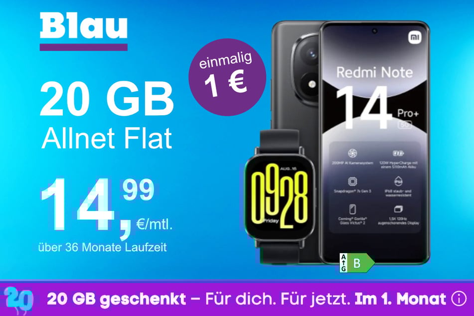 Das Xiaomi Redmi Note 14 Pro Plus + Watch 5 Active im Blau Allnet M für einmalig 1 Euro.