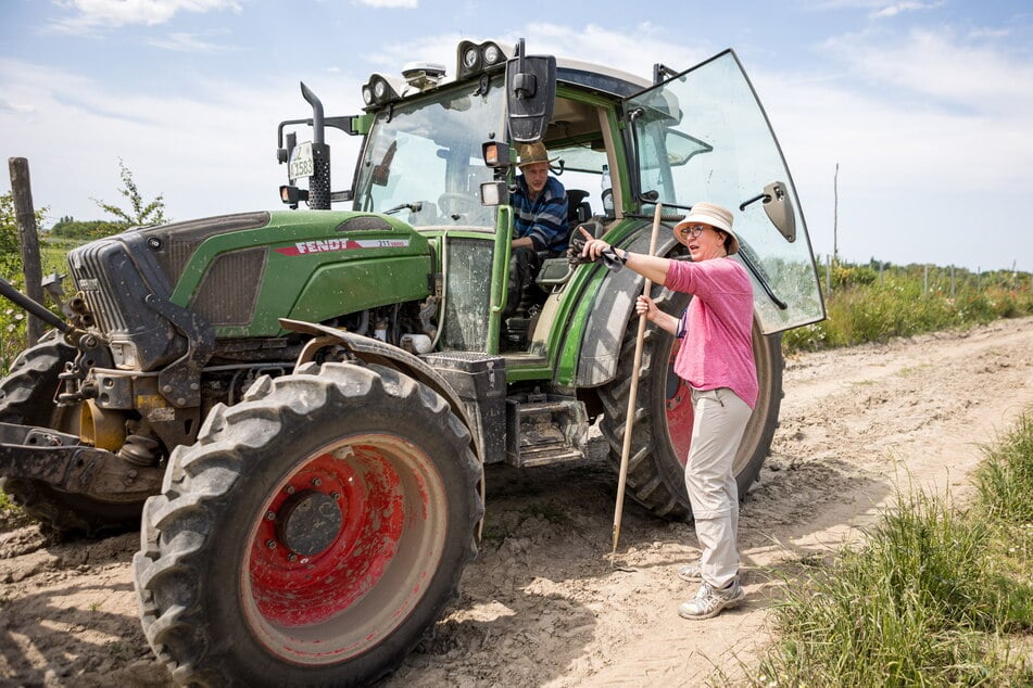 Wenn sie nicht hackt, sitzt sie auf dem Hänger des Traktors und pflanzt: Karin Schünemann (54) im Gespräch mit Gärtnermeister Thomas Burkhardt (27).