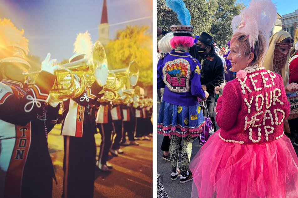 Marching bands provide the soundtrack for floats and parade goers, who often highlight themes of resilience and joy through handmade costumes.