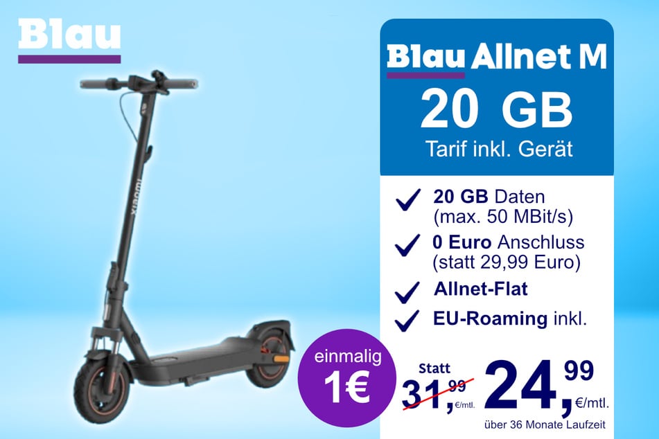 Der Xiaomi E-Scooter 5 Max im Blau Allnet M für einmalig 1 Euro.