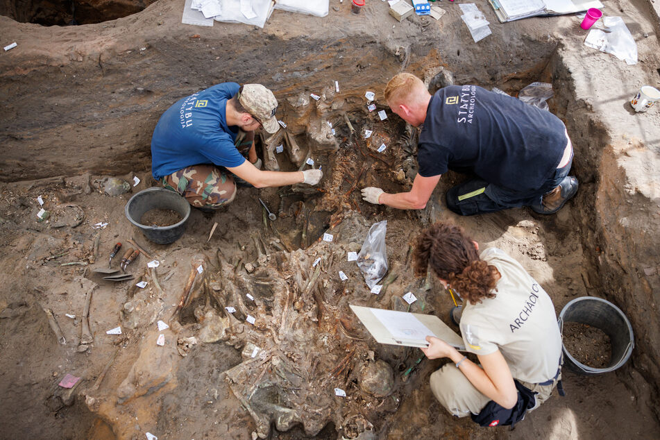 Archäologen legen die menschlichen Überreste im bisher größten in Deutschland entdeckten Pestfriedhof frei.