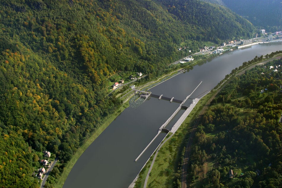 Eine Visualisierung der geplanten Staustufe Děčín am Unterlauf der Elbe. Sie soll aus drei beweglichen Wehren, einer Schleuse und einem Kraftwerk bestehen.