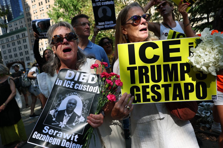People march towards 26 Federal Plaza as they protest US Immigration and Customs Enforcement on August 8, 2025, in New York City.