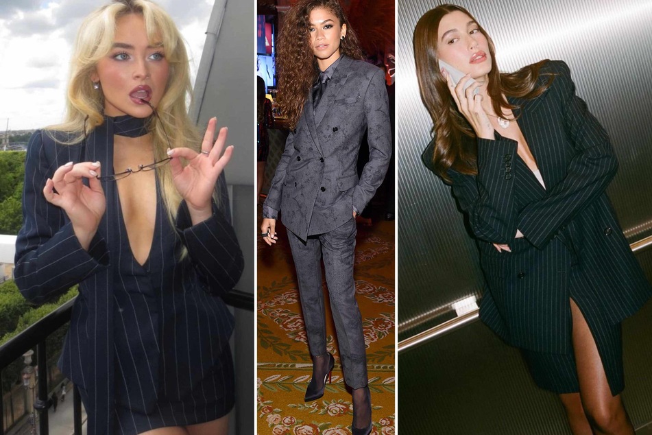 What is the "office siren" fashion trend and why are celebs like Zendaya (c.), Sabrina Carpenter (l.), and Hailey Bieber (r.) all about it?