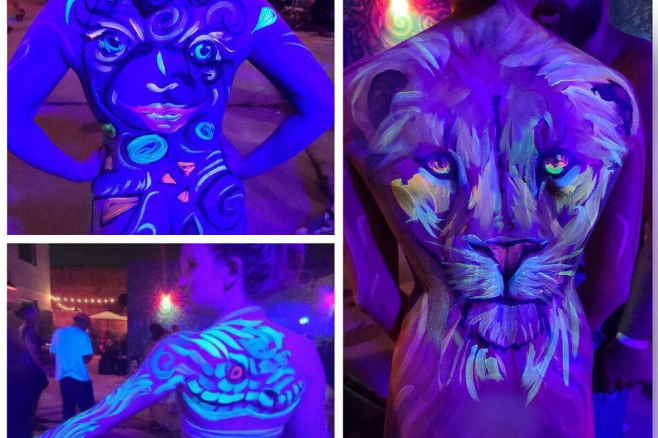Artist Kirk Dupuis used UV blacklight reactive makeup to paint models during the Bodypainting Day after party.