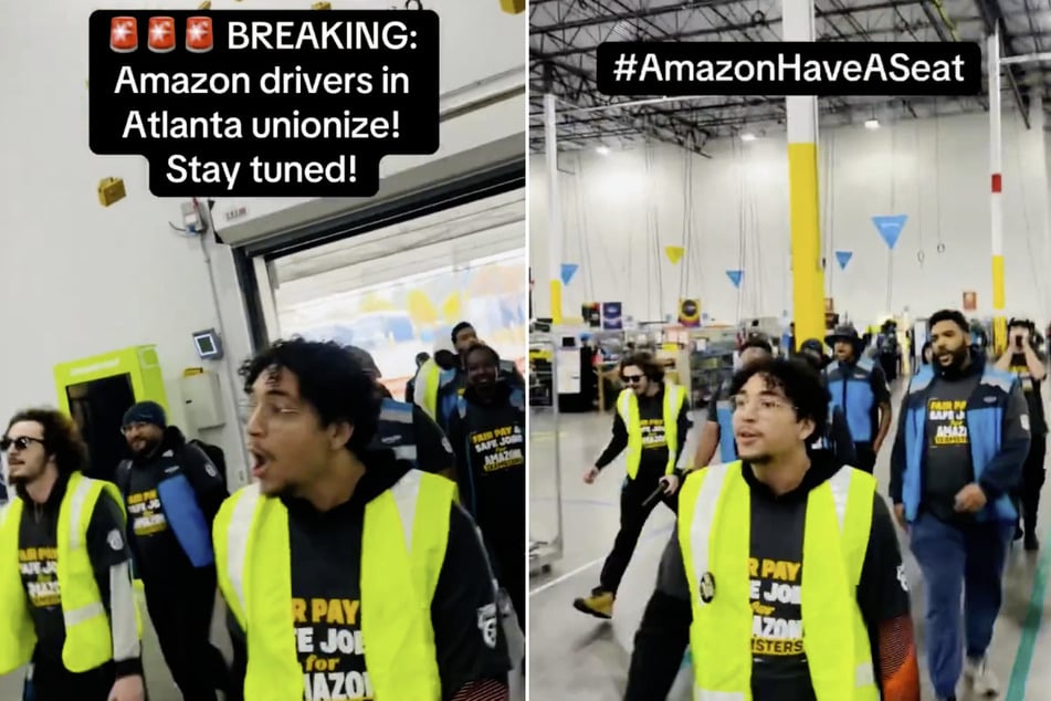 Amazon drivers at the DGT8 facility in Atlanta coordinate a "March on the Boss" to announce they have joined the Teamsters union.