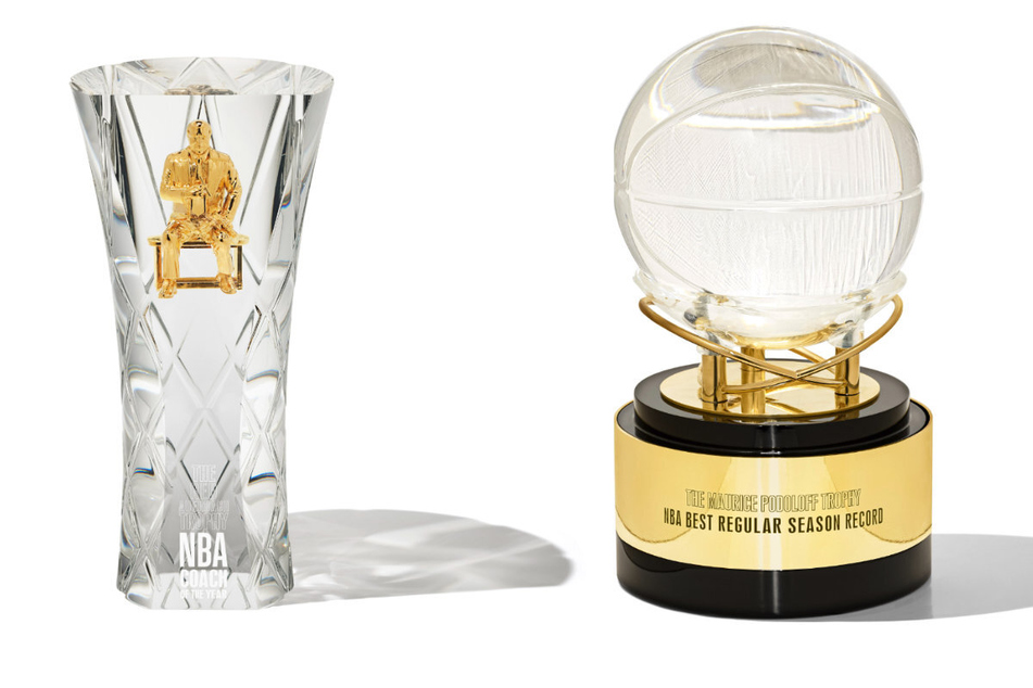 The NBA unveiled the new Red Auerbach Trophy for coach of the year (l.) and Maurice Podoloff Trophy for the team with the best regular season.