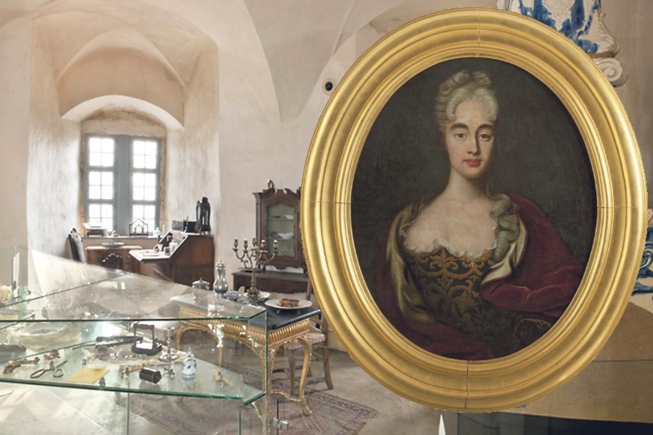 In diesem Turmzimmer musste die Gräfin Cosel - hier auf dem Bildnis eines unbekannten Malers aus dem Jahr 1715 - die letzten Jahrzehnte ihres Lebens verbringen.