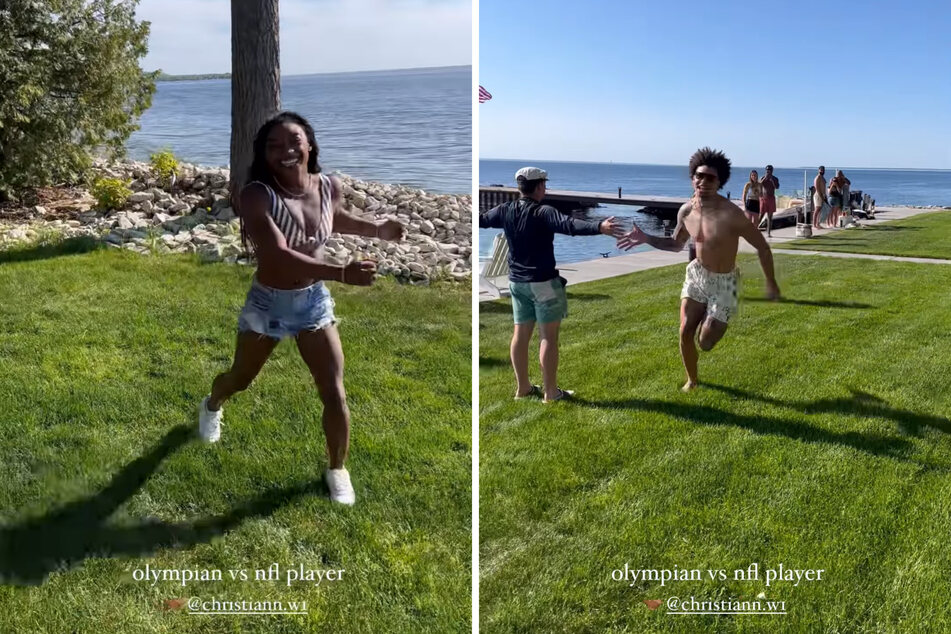 In a hilarious new video, Olympic gymnast Simone Biles decided to take on NFL wide receiver Christian Watson (r.) in a sprinting race.