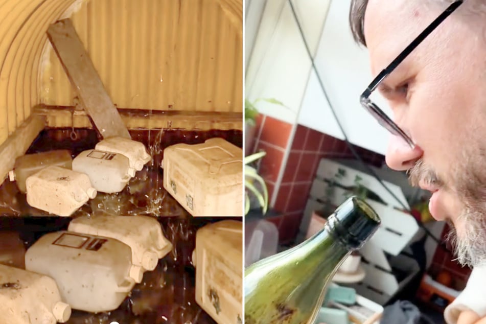 Im Inneren des Bunkers kam neben viel Brackwasser auch der ein oder andere interessante Fund zum Vorschein. Wie eine uralte Flasche mit ekelhaftem Inhalt.