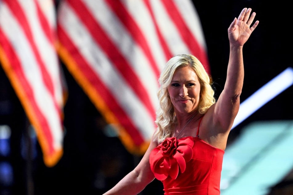 Marjorie Taylor Greene exiting the stage after giving a speech during the first day of the Republican National Convention on July 15, 2024 in Milwaukee, Wisconsin.