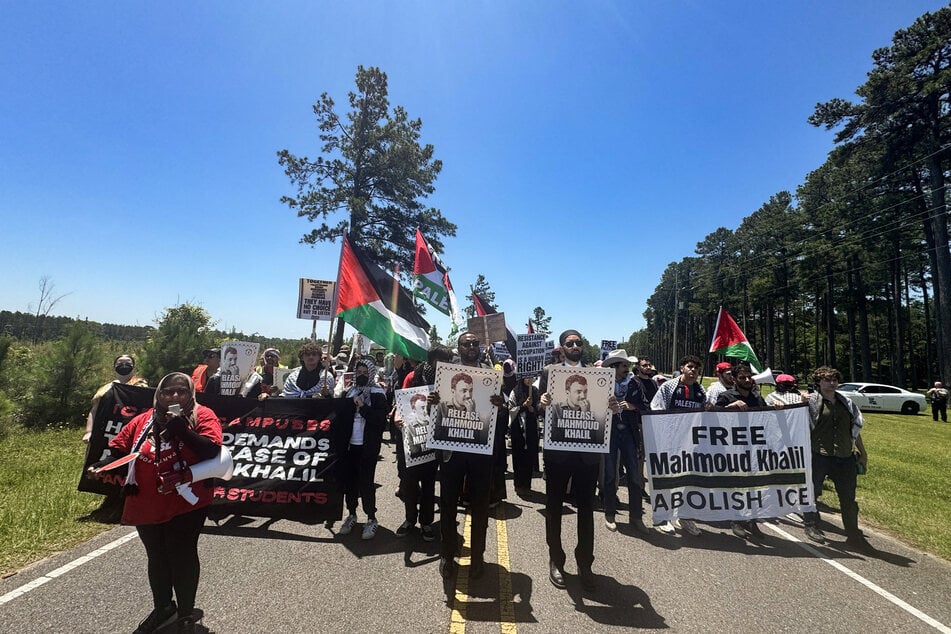 Protesters gather outside an immigration court hearing for Mahmoud Khalil in Jena, Louisiana, on May 22, 2025.
