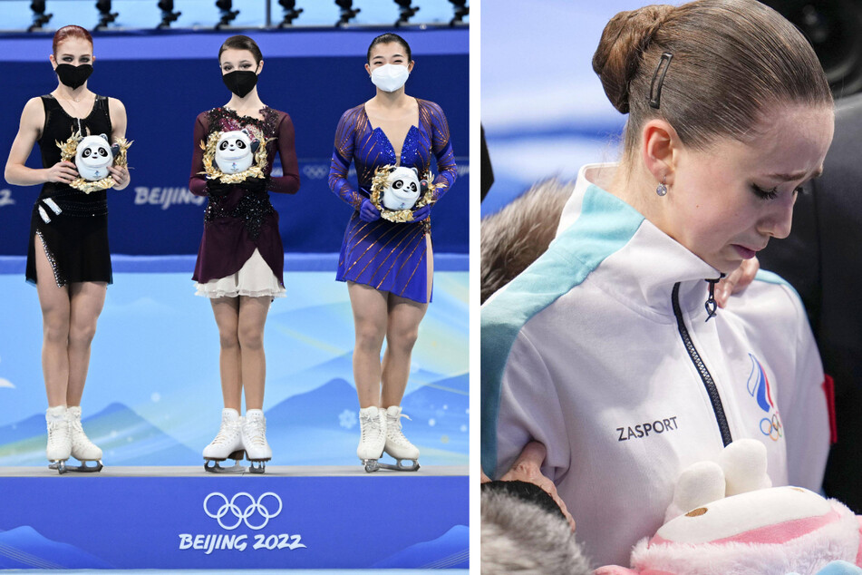Skater Kamila Valieva (r.) placed fourth at the Beijing Winter Olympics on Thursday, which allowed a medal ceremony (l.) for gold medalist Anna Shcherbakova (left c.), silver medalist Alexandra Trusova (l.), and bronze medalist Sakamoto Kaori of Japan.
