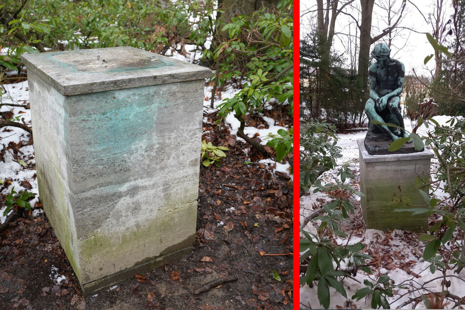 Diebe klauten in Ebersbach-Neugersdorf eine Bronze-Figur. Auf dem Friedhof steht jetzt nur noch der leere Sockel.