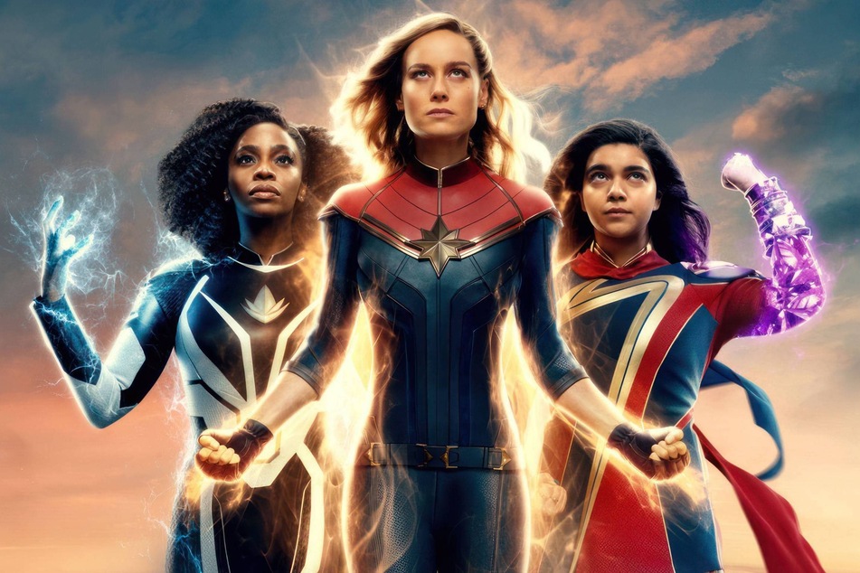 (From l to r) Teyonah Parris, Brie Larson, and Iman Vellani reprise their respective roles as Monica Rambeau, Captain Marvel, and Kamala Khan as they save the world, and themselves, in The Marvels.