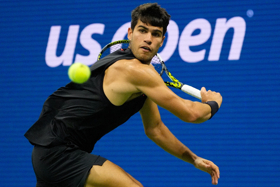 Carlos Alcaraz of Spain hits to Botic van De Zandschlup of the Netherlands (not pictured) in a men's singles match on day four of the 2024 US Open tennis tournament.