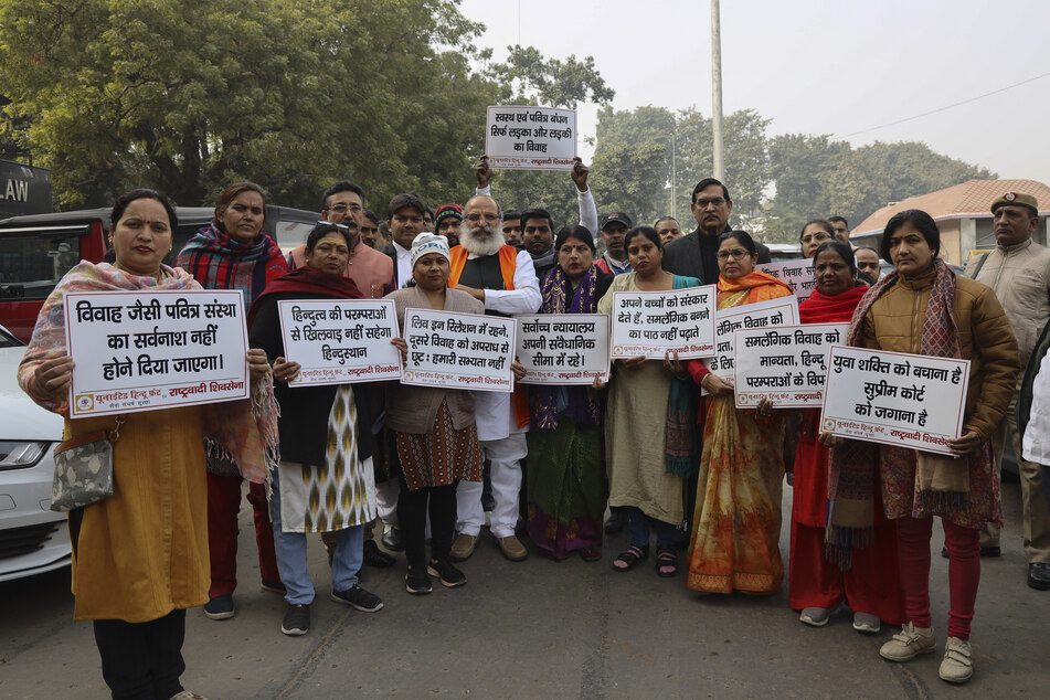 The far-right fringe group United Hindu Front protested outside India's Supreme Court, demanding petitions in favor of same-sex marriage not be heard.