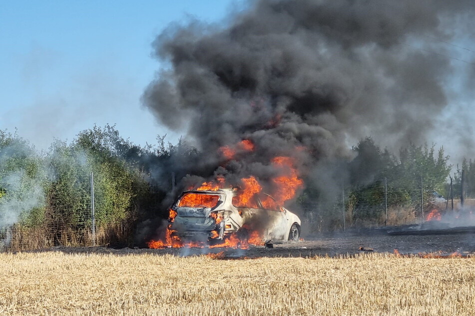 Ein heißer Katalysator löste 2022 bei Langenhessen einen großen Feldbrand aus. Auch das Fahrzeug wurde zerstört.