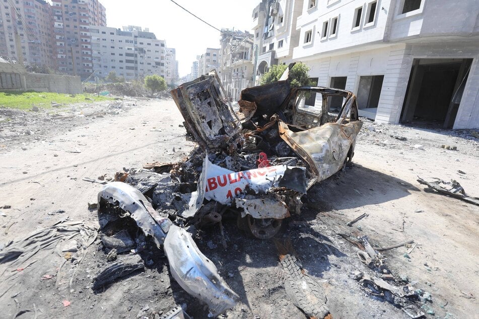 The ambulance that was going to aid Hind Rajab when it was targeted by Israeli forces is pictured heavily damaged in the Tel al-Hawa neighborhood of Gaza City on February 10, 2024.