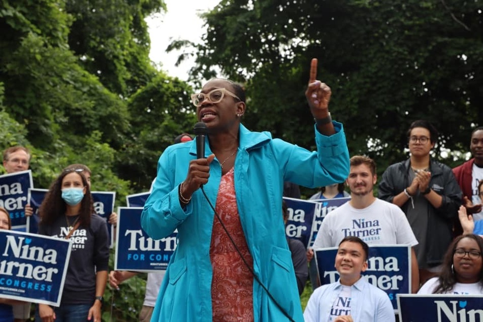 Nina Turner speaks at a campaign rally in Cleveland in July 2021.