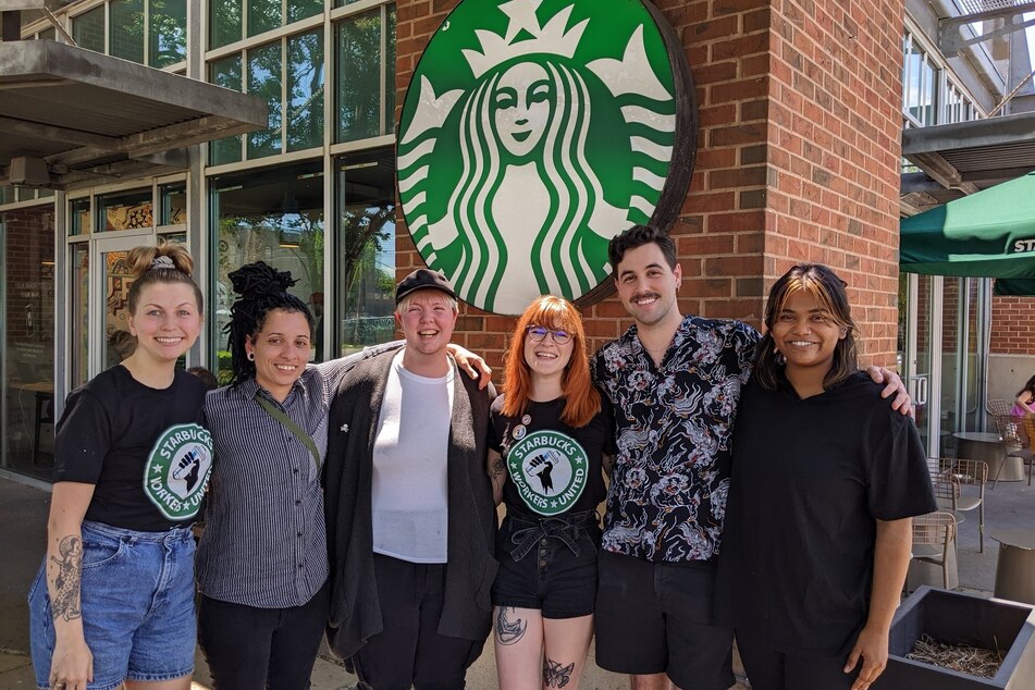 Starbucks Workers at Austin's 45th and Lamar location celebrate their union win.